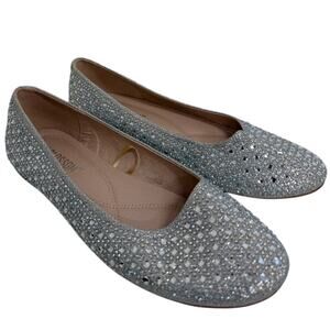 De Blossom Silver Rhinestone Ballet Flats Women Size 7.5 Sparkly Slip-On